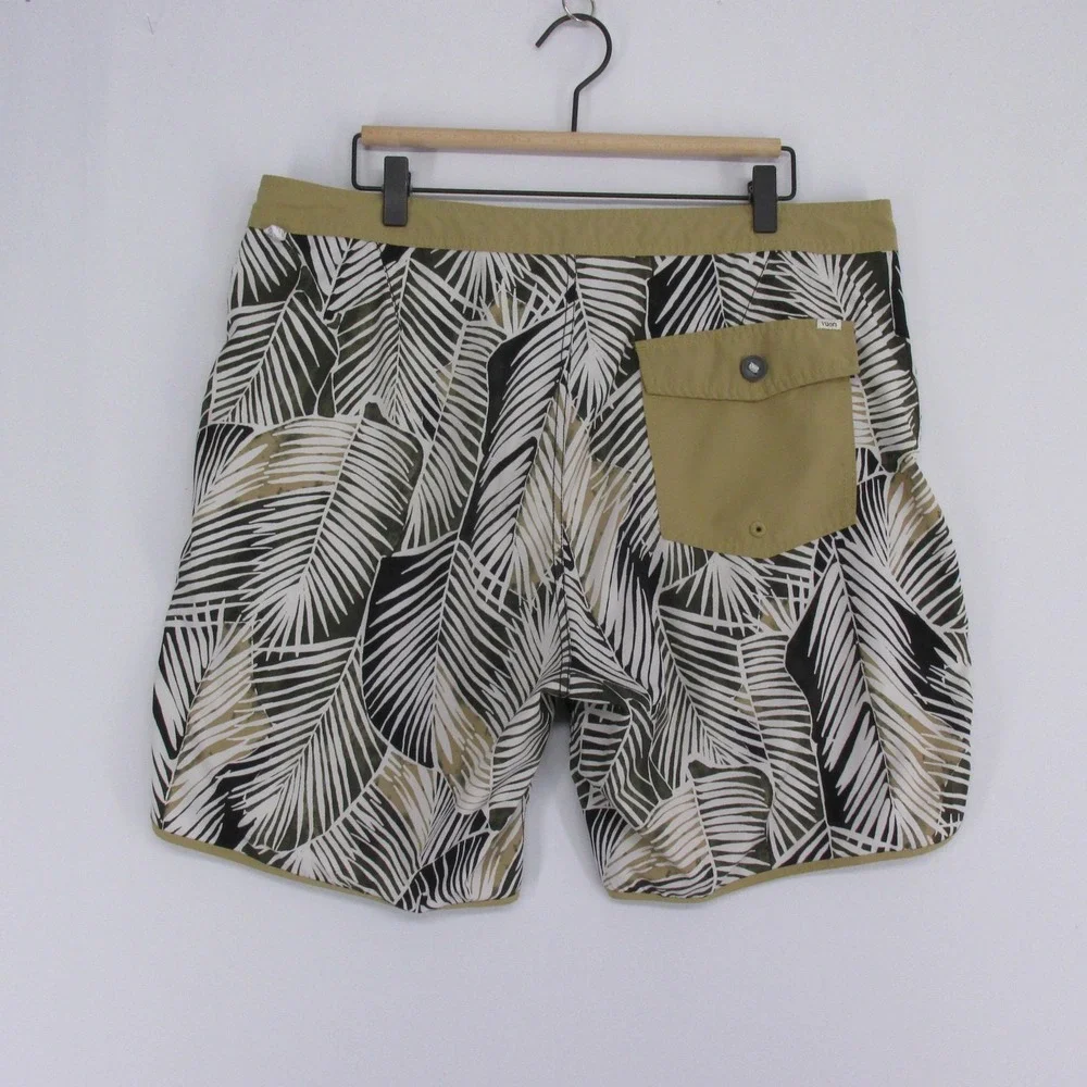 Vuori Palm Leaf Print Swim Shorts in Black, White & Olive